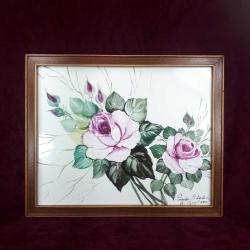 FAYANS ÜZERİNE İMZALI PEMBE GÜLLER RESİM , AHŞAP ÇERÇEVELİ