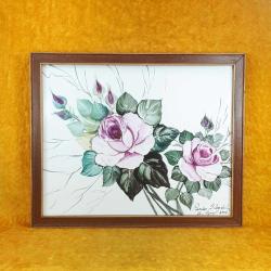 FAYANS ÜZERİNE İMZALI PEMBE GÜLLER RESİM , AHŞAP ÇERÇEVELİ