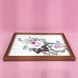 FAYANS ÜZERİNE İMZALI PEMBE GÜLLER RESİM , AHŞAP ÇERÇEVELİ