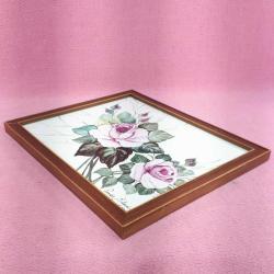 FAYANS ÜZERİNE İMZALI PEMBE GÜLLER RESİM , AHŞAP ÇERÇEVELİ