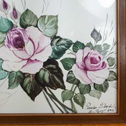 FAYANS ÜZERİNE İMZALI PEMBE GÜLLER RESİM , AHŞAP ÇERÇEVELİ