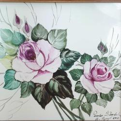 FAYANS ÜZERİNE İMZALI PEMBE GÜLLER RESİM , AHŞAP ÇERÇEVELİ