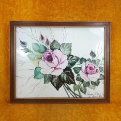 FAYANS ÜZERİNE İMZALI PEMBE GÜLLER RESİM , AHŞAP ÇERÇEVELİ