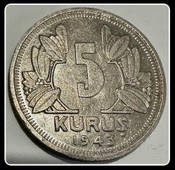 1943 - 5 KURUŞ (TCM-43) KM#862