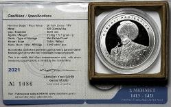 2021 I. Mehmet (Çelebi) Osmanlı Padişahları Serisi No:5 925 Ayar Gümüş Hatıra Parası Sertifikalı Orjinal Darphane Kutusunda