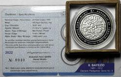 2022 II. Bayezid Osmanlı Padişahları Serisi No:8 , 925 Ayar Gümüş Hatıra Parası Sertifikalı Orijinal Darphane Kutusunda