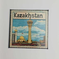 Kazakistan Kazakhstan - Posta Pulu Temalı Ülke - Baskılı Buzdolap Magneti Kare - 9x9 cm