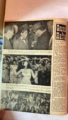 HAFTA DERGİSİ - KAPAK: LANA TURNER - 3 OCAK 1958  SAYI: 1  FRANSIZ CUMHURBAŞKANI - KRALİÇE ELIZABETH - MAREŞAL ZUKOV - HALİMİ (BOKS ŞAMPİYONU) - GRACE KELLY VE KIZI CAROLINE - KERİM HAN - CHRISTIAN DIOR - KRAL HAAKON VII - ÉDOUARD HERRIOT - AĞA HAN - SPUTNIK - ANN BETTER - ELVIS PRESLEY - ELIZABETH TAYLOR - MIKE TODD - GINA LOLLOBRIGIDA - SOPHIA LOREN - RITA HAYWORTH - MÜMTAZ TARHAN - BURT LANCASTER - COLETTE DUVAL  1957’NİN ÖNEMLİ HADİSELERİ (SPUTNIK, ZUKOV’UN AZLİ, GRACE KELLY’NİN KIZI, NATO KONFERANSI, DİOR’UN ÖLÜMÜ) - “ŞAFAK SÖKERKEN” ROMANINDAN ALINTI (RUSYA’DA BİR TÜRK SUBAY) - PIN-UP MÜSABAKASI (ANN BETTER) - ELVIS PRESLEY’İN ASKERLİĞE ALINMASI - ELIZABETH TAYLOR’UN HAMİLELİĞİ VE MIKE TODD’UN AÇIKLAMASI - GINA LOLLOBRIGIDA’NIN PORTRESİ - MÜMTAZ TARHAN’IN İSTANBUL’DAKİ TEFTİŞLERİ - RITA HAYWORTH’UN YILDIZININ SÖNMESİ İDDİASI - YEDİKULE VEREM HASTAHANESİNDE KONSER - MECLİS İÇ TÜZÜK TADİLATI (GRUPLARIN İNHİLALİ, SÖZLÜ S - TAM TAKIM EKSİKSİZ 34 SAYFA