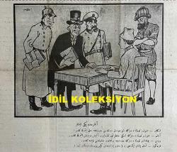 Osmanlıca Karagöz Mizah Dergisi-Gazetesi, Orijinal Dönem Basım, (Ottoman Magazine-Newspaper-Journal Illustré Cara-Gueuz) - 26 Ocak 1924 - Sayı: 1655 - Hicri: 19 Cemaziyelahir 1342 - Rumi: 26 Kanun-i Sani 1340 - Karikatürist Ratip Tahir Burak'ın İsmet İnönü'yü Tasvir Eden Çalışması: Ankara'da Yeni İşler: İngiliz: Azizim Türk, Sizinle Şu Musul Meselesini Dostça Halletmeye Geldim! Alman: Azizim Türk:, Sizinle Eski Hatıratı Tazeleyip Alışveriş Etmeye Geldim. Rus: Yoldaşım Türk, Sizinle Dostça Bir Ticaret Mukavelesi Yapmaya Geldim. Karagöz: Aman Paşam İkinci Bir Sevr İmtihanı Geçiriyorsun, Dikkat Et!