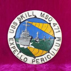 ANTİKA USS SKILL MSO 471 EXPELLO PERICULUM ABD DONANMASI MAYIN TARAMA GEMİSİ EL BOYAMA ALİMÜNYUM DÖKÜM HATIRA TABAK PANO