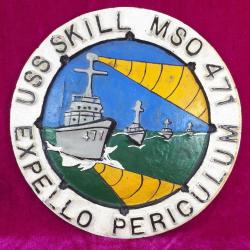 ANTİKA USS SKILL MSO 471 EXPELLO PERICULUM ABD DONANMASI MAYIN TARAMA GEMİSİ EL BOYAMA ALİMÜNYUM DÖKÜM HATIRA TABAK PANO