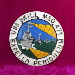 ANTİKA USS SKILL MSO 471 EXPELLO PERICULUM ABD DONANMASI MAYIN TARAMA GEMİSİ EL BOYAMA ALİMÜNYUM DÖKÜM HATIRA TABAK PANO