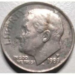ABD 1 Dime (10 Cent) 1989-P - Roosevelt & Meşale Temalı - Philadelphia Darphanesi - Koleksiyonluk Para
