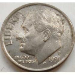 ABD 1 Dime (10 Cent) 1991-P - Roosevelt & Meşale Temalı - Philadelphia Darphanesi - Koleksiyonluk Para