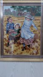 Vintage El İşçiliği Goblen / Kanaviçe Tablo – Kırsal Yaşam Sahnesi (Çerçeveli)