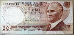 6. Emisyon 20 Türk Lirası E27 403115 Çil Kondisyonda Kayık Baskı Erörlü Koleksiyonluk Eski Para