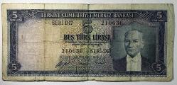 5.Emisyon 1.Tertip 5 Türk Lirası Seri D17 Temiz Naturel Kondisyonda Koleksiyonluk Eski Para