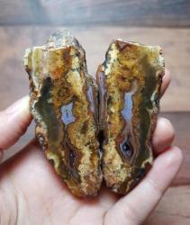 Koyu Sarı ve Turuncu Tüylü Akik Çifti • Kırmızı Botrioidal Arka Yüzlü Akik - Ağırlık: 166g - Benzersiz Koleksiyonluk Nadir Parça Kütle