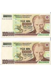 7. EMİSYON 100.000 LİRA KAĞIT PARA ÇİL VE ÇİL ALTI KONDİSYON 2 ADET GÖRSELDEKİ ÜRÜN