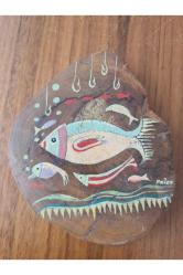 Ağaç Üzeri El Çizimi Balık İmzalı. Paleo imzalı kalın ahşap 9x11cm boyunda. El çizim ve boyama