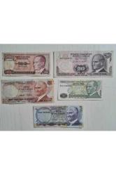 5 Adet Eski Dönem Yerli Banknot Para. 5 10 20 50 ve 100 Türk Lirası
