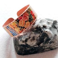 Bakır el işçilikli lüks bilezik - Tablolar Serisi Renoir - Glasses of Flowers-Vazodaki Güller 1908