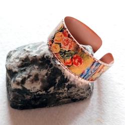 Bakır el işçilikli lüks bilezik - Tablolar Serisi Renoir - Glasses of Flowers-Vazodaki Güller 1908