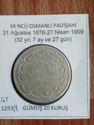 Abdülhamid  GÜMÜŞ 20 Kuruş (1293/1) Kostantiniye Koleksiyonluk Gümüş  20 Kuruş.