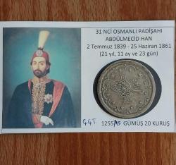 ABDÜLMECİD GÜMÜŞ 20 Kuruş (1255/15) Kostantiniye Koleksiyonluk Gümüş  20 Kuruş.