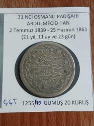ABDÜLMECİD GÜMÜŞ 20 Kuruş (1255/15) Kostantiniye Koleksiyonluk Gümüş  20 Kuruş.