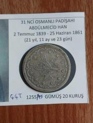 ABDÜLMECİD GÜMÜŞ 20 Kuruş (1255/15) Kostantiniye Koleksiyonluk Gümüş  20 Kuruş.