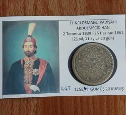 ABDÜLMECİD GÜMÜŞ 20 Kuruş (1255/15) Kostantiniye Koleksiyonluk Gümüş  20 Kuruş.