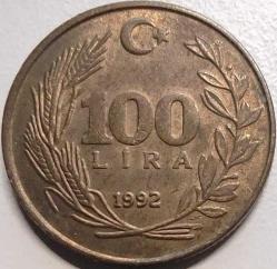 Türkiye 1992 100 Lira - Atatürk Portreli - Koleksiyonluk Madeni Para