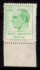TÜRKİYE CUMHURİYETİ  29.TEMMUZ.1965 ATATÜRK SÜREKLİ POSTA PULU SERİSİNDEN ZÜMRÜT YEŞİLİ  MNH  1 KURUŞ
