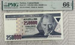 1998 TC 7.Emisyon 250 BinTürk Lirası kağıt para banknot Pick#211 PMG sertifikalı 66-ÇİL kolleksiyonluk