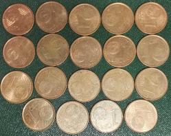 İspanya 1 euro cent 19 farklı tarih 1999 2003 2004 2005 2006 2007 2008 2010 2011 2012 2013 2015 2016 2017 2018 2019 2020 2022 2023 tarihleri