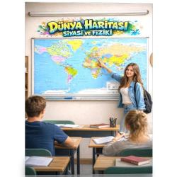 Laminasyonlu Dünya Haritası (Siyasi & Fiziki) – Çift Taraflı, Dayanıklı, Eğitici