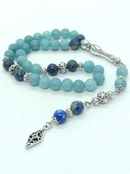 Özel Tasarım 8 mm Akuamarin & Lapis Lazuli Doğal Taş Tesbih, 33'Lük...