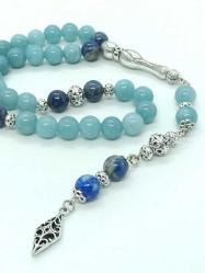 Özel Tasarım 8 mm Akuamarin & Lapis Lazuli Doğal Taş Tesbih, 33'Lük...