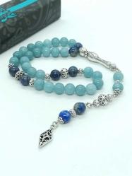 Özel Tasarım 8 mm Akuamarin & Lapis Lazuli Doğal Taş Tesbih, 33'Lük...