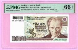 TURKEY 100000 TL PREFIX-- A85 --P205a 1991 GEM UNC PMG 66 EPQ (TK 19 266) ÇİL