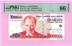 TURKEY 10000000 TL PREFIX-- F70 --P214 1999 GEM UNC PMG 66 EPQ (TK 19 268) ÇİL