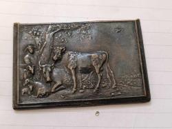 K38----İNEKLER VE ÇİFTÇİ KONULU 1930'LARDAN KALMA PRES BASKI BAKIR PLAKA