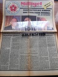 Milliyet 50. Yıl Gazetesi - Turkish Newspaper - 29 Ekim 1973 - İsmet İnönü Cumhuriyeti ilan eden kanunu Atatürk söyledi Ben yazdım Fotoğrafı - Cevdet Sunay 50 yılda çok sıkıntı çektik ama hepsini de yendik Fotoğrafı - Fahri Korutürk Türkiye'yi sosyal ve ekonomik sınavlar bekliyor Fotoğrafı - Cumhuriyeti nasıl ilan ettik - Celal Bayar rahatsız bulunduğunu söyleyerek düşüncelerini özür dileyerek açıklamamıştır - Elli Yılda Türk halkı üç kat büyüdü - nüfusun dağılış oranı - erkeklerin %70'i kadınların ise %50'si okur yazar - okuma yazma oranı tablosu - Cumhuriyet Türk tarihinde en köklü eğitim reformlarının yapıldığı dönemdir - nüfusun gelişimi tablo - 50. Yıl marşı söz Bekir Sıtkı Erdoğan müzik Necil Kazım Akses - 1923 meclisinde 1973 meclisinde fotoğraflar - enflasyon ve devalüasyon - para ve bankacılık - elektrik üretimi yılda %12 artıyor ve yetmiyor - 1970'lerde sanayi ilk olarak tarımı geride bıraktı - Her bin kişiye 4 araba ve 16 telefon düşüyor - tarım yerine sanayi