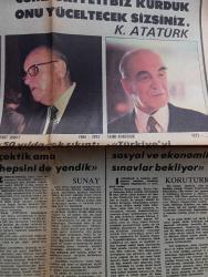 Milliyet 50. Yıl Gazetesi - Turkish Newspaper - 29 Ekim 1973 - İsmet İnönü Cumhuriyeti ilan eden kanunu Atatürk söyledi Ben yazdım Fotoğrafı - Cevdet Sunay 50 yılda çok sıkıntı çektik ama hepsini de yendik Fotoğrafı - Fahri Korutürk Türkiye'yi sosyal ve ekonomik sınavlar bekliyor Fotoğrafı - Cumhuriyeti nasıl ilan ettik - Celal Bayar rahatsız bulunduğunu söyleyerek düşüncelerini özür dileyerek açıklamamıştır - Elli Yılda Türk halkı üç kat büyüdü - nüfusun dağılış oranı - erkeklerin %70'i kadınların ise %50'si okur yazar - okuma yazma oranı tablosu - Cumhuriyet Türk tarihinde en köklü eğitim reformlarının yapıldığı dönemdir - nüfusun gelişimi tablo - 50. Yıl marşı söz Bekir Sıtkı Erdoğan müzik Necil Kazım Akses - 1923 meclisinde 1973 meclisinde fotoğraflar - enflasyon ve devalüasyon - para ve bankacılık - elektrik üretimi yılda %12 artıyor ve yetmiyor - 1970'lerde sanayi ilk olarak tarımı geride bıraktı - Her bin kişiye 4 araba ve 16 telefon düşüyor - tarım yerine sanayi
