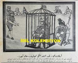 Osmanlıca Karagöz Mizah Dergisi-Gazetesi, Orijinal Dönem Basım, (Ottoman Magazine-Newspaper-Journal Illustré Cara-Gueuz) - 13 Nisan 1927 - Sayı: 1990 - Karikatürist Kozma Togo'nun Benito Mussolini'yi Tasvir Eden Çalışması: Sinyor Mussolini İngiltere'ye Tekmil Haberi Veriyor. 