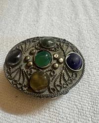 Osmanlı dönemi Telkâri gümüş Enfiye Kutusu Vintage tamamen Gümüş Mücevher Kutusu Keçe Kaplamalı Yarı Değerli Taşlar Oval Süslü