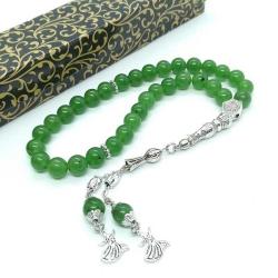 8 Mm Doğal Yeşim Taşı 33’lü Tespih - Gümüş Kaplama Mevlevi Figürlü