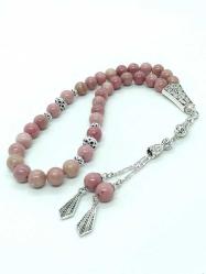 Pembe Jasper Taşlı Tespih, 8 Mm, 33 'Lük, Gümüş Kaplama Aksam