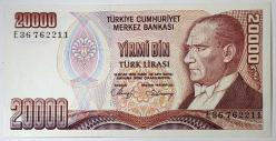 7. Emisyon 1. Tertip 20 Bin Türk Lirası E36 762211 Çil Kondisyonda Koleksiyonluk Eski Para